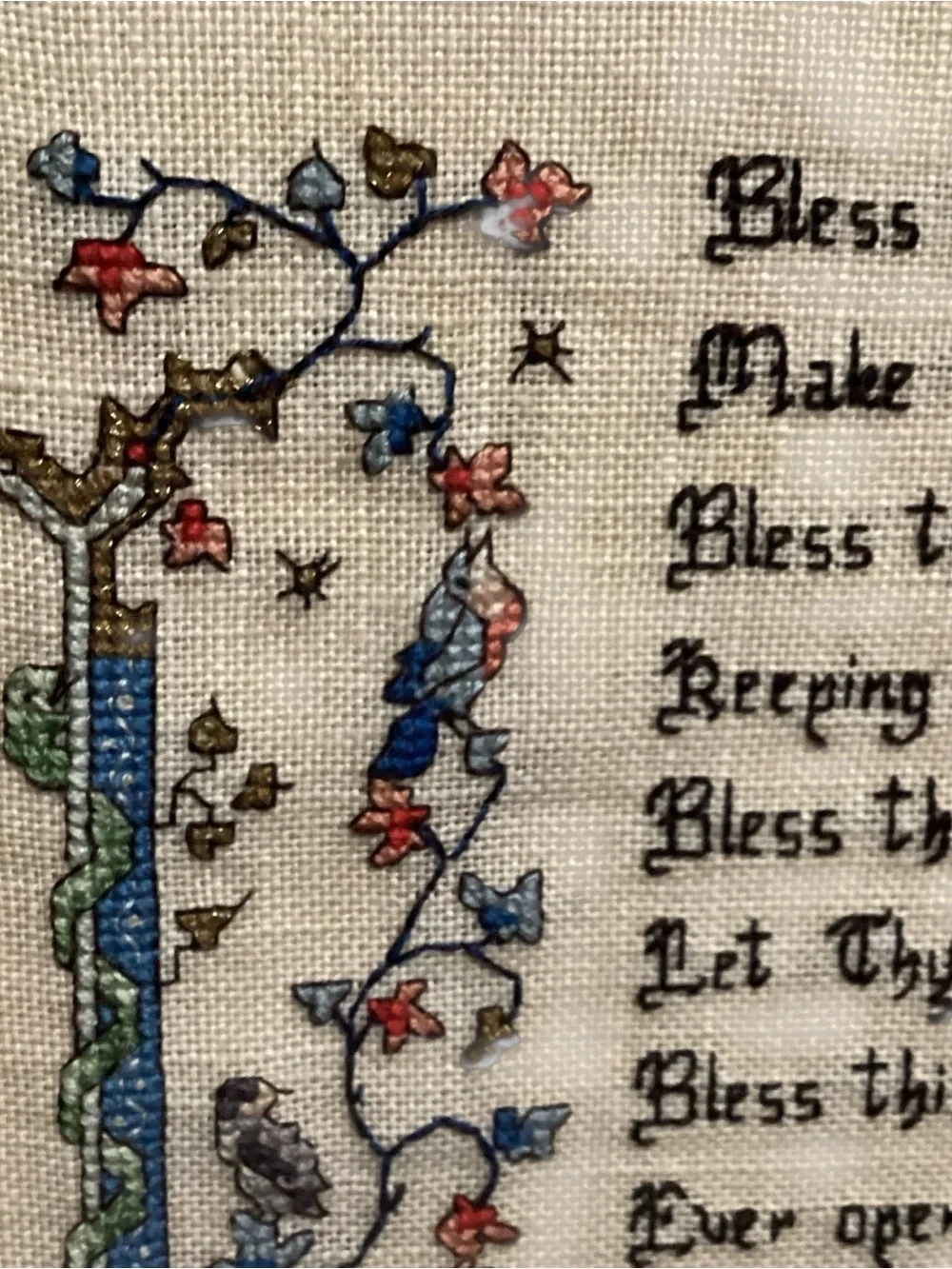 Vintage “Bless This House” Prayer Needlepoint Embroidery Framed Wall Art